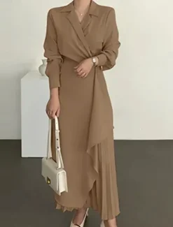 Best Women's Casual Dress Maxi long Dress Pleated Daily Elegant Fashion Shirt Collar Long Sleeve Black Brown Apricot Color Women Work Dresses
