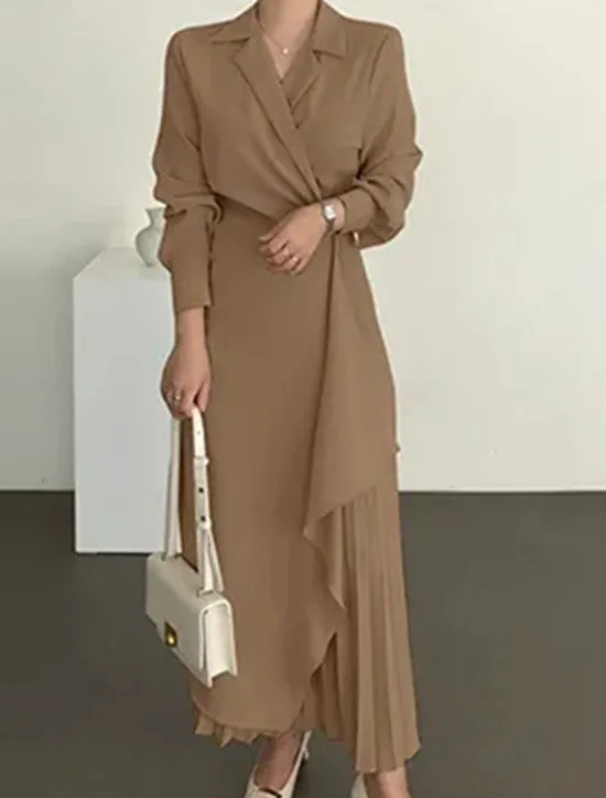 Best Women's Casual Dress Maxi long Dress Pleated Daily Elegant Fashion Shirt Collar Long Sleeve Black Brown Apricot Color Women Work Dresses