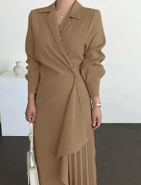Best Women's Casual Dress Maxi long Dress Pleated Daily Elegant Fashion Shirt Collar Long Sleeve Black Brown Apricot Color Women Work Dresses