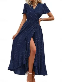 Hot Women's Casual Dress Maxi Dress Ruffle Patchwork Date Vacation Streetwear Maxi V Neck Short Sleeve Navy Blue Blue Army Green Color Women Cocktail Dress