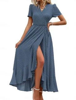 Hot Women's Casual Dress Maxi Dress Ruffle Patchwork Date Vacation Streetwear Maxi V Neck Short Sleeve Navy Blue Blue Army Green Color Women Cocktail Dress