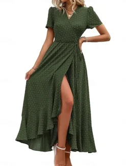 Hot Women's Casual Dress Maxi Dress Ruffle Patchwork Date Vacation Streetwear Maxi V Neck Short Sleeve Navy Blue Blue Army Green Color Women Cocktail Dress