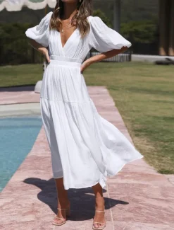 Online Women's Casual Dress Maxi Dress Ruched Casual V Neck Short Sleeve Black White Fuchsia Color Women White Dresses