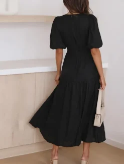 Online Women's Casual Dress Maxi Dress Ruched Casual V Neck Short Sleeve Black White Fuchsia Color Women White Dresses