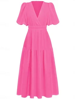 Online Women's Casual Dress Maxi Dress Ruched Casual V Neck Short Sleeve Black White Fuchsia Color Women White Dresses