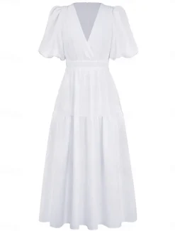 Online Women's Casual Dress Maxi Dress Ruched Casual V Neck Short Sleeve Black White Fuchsia Color Women White Dresses