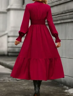 Hot Women's Casual Dress Midi Dress Ruffle Casual V Neck Long Sleeve Black Wine Khaki Color Women Work Dresses