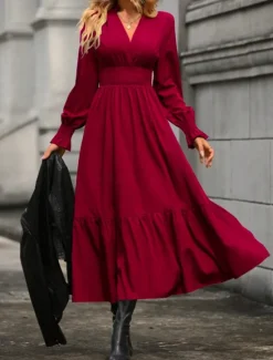 Hot Women's Casual Dress Midi Dress Ruffle Casual V Neck Long Sleeve Black Wine Khaki Color Women Work Dresses