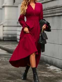 Hot Women's Casual Dress Midi Dress Ruffle Casual V Neck Long Sleeve Black Wine Khaki Color Women Work Dresses