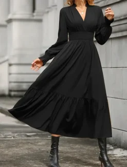 Hot Women's Casual Dress Midi Dress Ruffle Casual V Neck Long Sleeve Black Wine Khaki Color Women Work Dresses