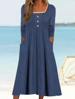 Online Women's Casual Dress Midi Dress Patchwork Button Vacation Streetwear Basic Square Neck 3/4 Length Sleeve Black White Wine Color Women Vacation Dresses