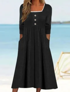 Online Women's Casual Dress Midi Dress Patchwork Button Vacation Streetwear Basic Square Neck 3/4 Length Sleeve Black White Wine Color Women Vacation Dresses