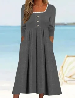 Online Women's Casual Dress Midi Dress Patchwork Button Vacation Streetwear Basic Square Neck 3/4 Length Sleeve Black White Wine Color Women Vacation Dresses