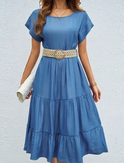 Online Women's Casual Dress Midi Dress Imitation Denim Ruched Casual Crew Neck Short Sleeve Color Without Belt Women Casual Dress
