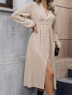 Online Women's Casual Dress Midi Dress Button Split Casual V Neck Long Sleeve Black Green Apricot Color Women Work Dresses