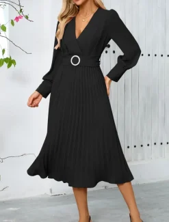 Women's Casual Dress Midi Dress Belted Casual V Neck Long Sleeve Black Green Color Women Work Dresses