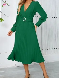Women's Casual Dress Midi Dress Belted Casual V Neck Long Sleeve Black Green Color Women Work Dresses