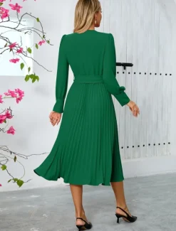 Women's Casual Dress Midi Dress Belted Casual V Neck Long Sleeve Black Green Color Women Work Dresses