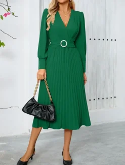 Women's Casual Dress Midi Dress Belted Casual V Neck Long Sleeve Black Green Color Women Work Dresses