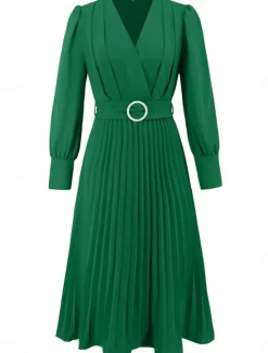 Women's Casual Dress Midi Dress Belted Casual V Neck Long Sleeve Black Green Color Women Work Dresses