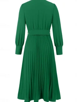 Women's Casual Dress Midi Dress Belted Casual V Neck Long Sleeve Black Green Color Women Work Dresses
