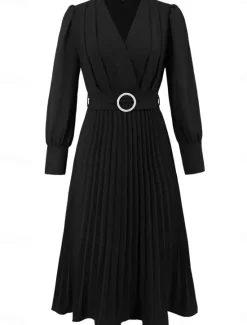 Women's Casual Dress Midi Dress Belted Casual V Neck Long Sleeve Black Green Color Women Work Dresses