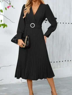 Women's Casual Dress Midi Dress Belted Casual V Neck Long Sleeve Black Green Color Women Work Dresses