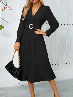 Women's Casual Dress Midi Dress Belted Casual V Neck Long Sleeve Black Green Color Women Work Dresses