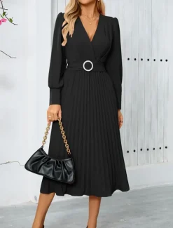 Women's Casual Dress Midi Dress Belted Casual V Neck Long Sleeve Black Green Color Women Work Dresses