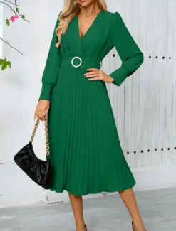 Women's Casual Dress Midi Dress Belted Casual V Neck Long Sleeve Black Green Color Women Work Dresses