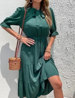 Sale Women's Casual Dress Midi Dress Ruffle Casual Stand Collar Half Sleeve Black Green Color Women Cocktail Dress