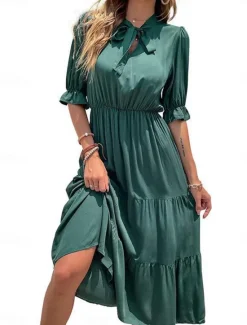 Sale Women's Casual Dress Midi Dress Ruffle Casual Stand Collar Half Sleeve Black Green Color Women Cocktail Dress