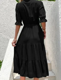 Sale Women's Casual Dress Midi Dress Ruffle Casual Stand Collar Half Sleeve Black Green Color Women Cocktail Dress