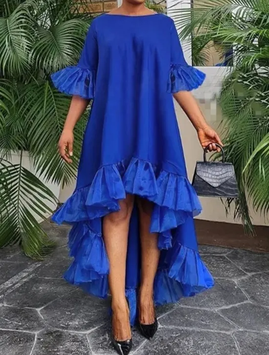 Outlet Women's Casual Dress Midi Dress Plus High Low Ruffle Hem Casual Crew Neck 3/4 Length Sleeve Black White Yellow Color Women Cocktail Dress