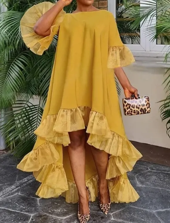 Outlet Women's Casual Dress Midi Dress Plus High Low Ruffle Hem Casual Crew Neck 3/4 Length Sleeve Black White Yellow Color Women Cocktail Dress