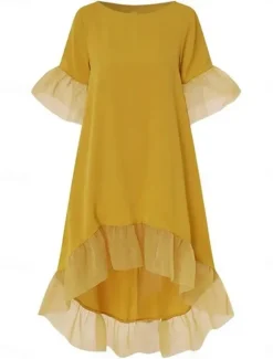 Outlet Women's Casual Dress Midi Dress Plus High Low Ruffle Hem Casual Crew Neck 3/4 Length Sleeve Black White Yellow Color Women Cocktail Dress