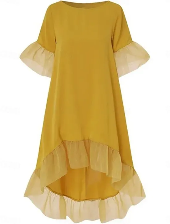 Outlet Women's Casual Dress Midi Dress Plus High Low Ruffle Hem Casual Crew Neck 3/4 Length Sleeve Black White Yellow Color Women Cocktail Dress