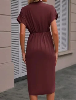 Sale Women's Casual Dress Midi Dress Ruched Date Vacation Streetwear Basic V Neck Short Sleeve Black Pink Dark Green Color Women Cocktail Dress