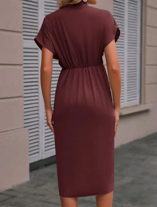 Sale Women's Casual Dress Midi Dress Ruched Date Vacation Streetwear Basic V Neck Short Sleeve Black Pink Dark Green Color Women Cocktail Dress