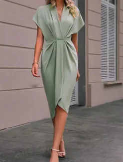 Sale Women's Casual Dress Midi Dress Ruched Date Vacation Streetwear Basic V Neck Short Sleeve Black Pink Dark Green Color Women Cocktail Dress