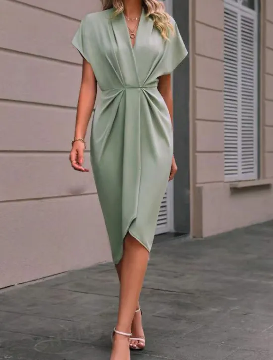 Sale Women's Casual Dress Midi Dress Ruched Date Vacation Streetwear Basic V Neck Short Sleeve Black Pink Dark Green Color Women Cocktail Dress