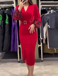 Online Women's Casual Dress Midi Dress Patchwork With Belt Casual V Neck Long Sleeve Color Women Work Dresses