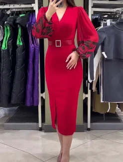 Online Women's Casual Dress Midi Dress Patchwork With Belt Casual V Neck Long Sleeve Color Women Work Dresses