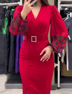 Online Women's Casual Dress Midi Dress Patchwork With Belt Casual V Neck Long Sleeve Color Women Work Dresses