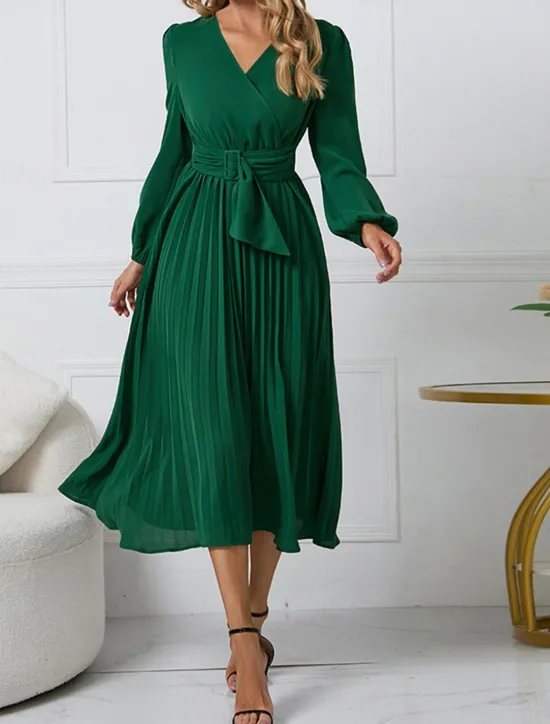 Women's Casual Dress Midi Dress Ruched With Belt Work Elegant V Neck Long Sleeve Black Red Blue Color Women Work Dresses