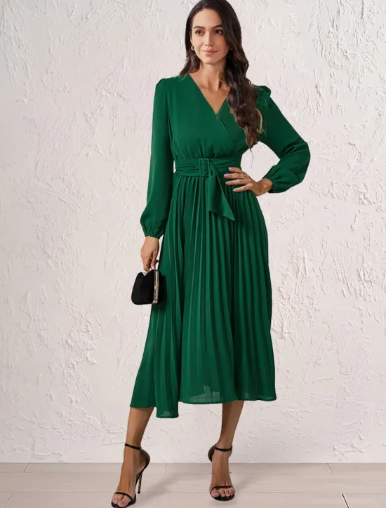 Women's Casual Dress Midi Dress Ruched With Belt Work Elegant V Neck Long Sleeve Black Red Blue Color Women Work Dresses