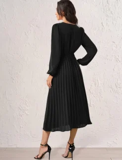 Women's Casual Dress Midi Dress Ruched With Belt Work Elegant V Neck Long Sleeve Black Red Blue Color Women Work Dresses