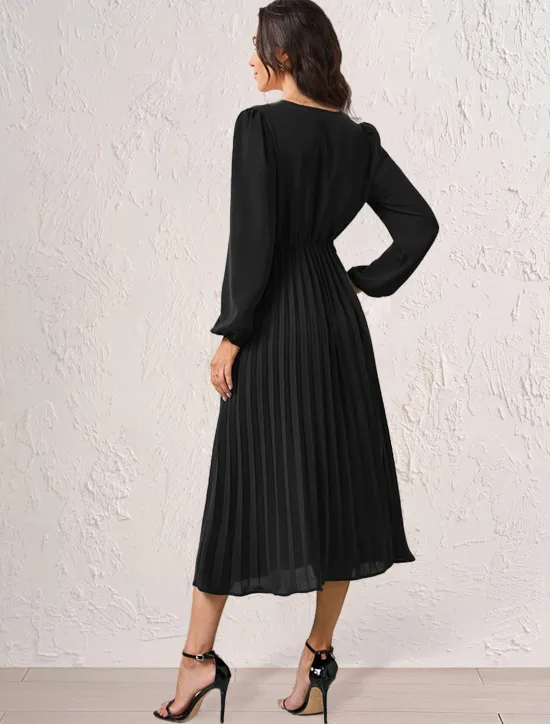 Women's Casual Dress Midi Dress Ruched With Belt Work Elegant V Neck Long Sleeve Black Red Blue Color Women Work Dresses