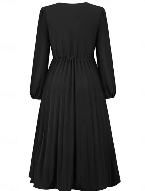 Women's Casual Dress Midi Dress Ruched With Belt Work Elegant V Neck Long Sleeve Black Red Blue Color Women Work Dresses