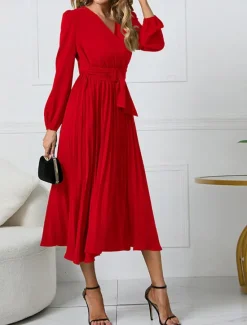 Women's Casual Dress Midi Dress Ruched With Belt Work Elegant V Neck Long Sleeve Black Red Blue Color Women Work Dresses